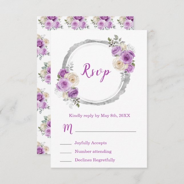 Purple and Silver Elegant Flowers Sweet Sixteen RSVP Card (Front/Back)