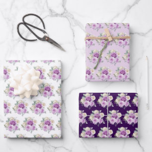 Purple and Silver Elegant Flowers Wrapping Paper Sheet