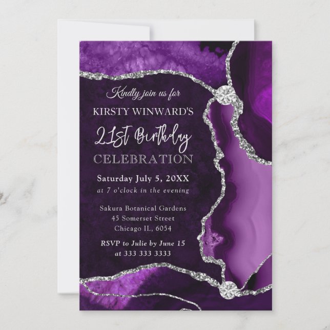 Purple and Silver Faux Glitter Agate Birthday Invitation (Front)