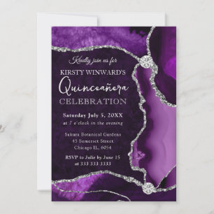 Purple and Silver Faux Glitter Agate Quinceanera Invitation
