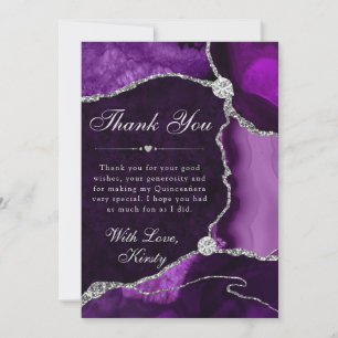 Purple and Silver Faux Glitter Agate Quinceanera Thank You Card
