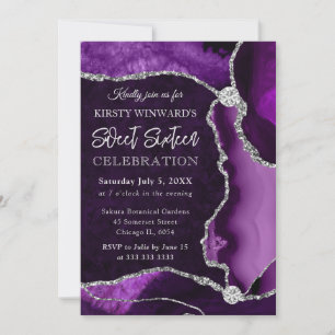 Purple and Silver Faux Glitter Agate Sweet 16 Invitation
