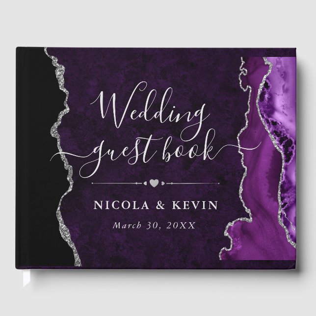 Purple and Silver Faux Glitter Agate Wedding Guest Book (Front)
