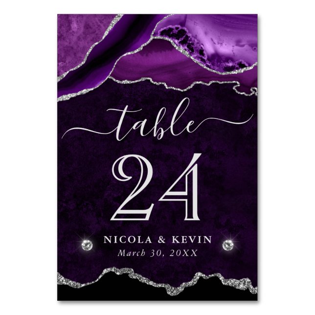 Purple and Silver Faux Glitter Agate Wedding Table Number (Front)