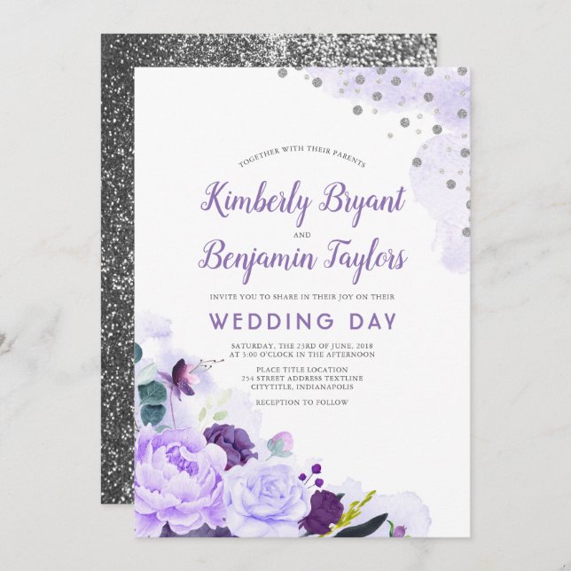 Purple and Silver | Floral Watercolor Wedding Invitation (Front/Back)