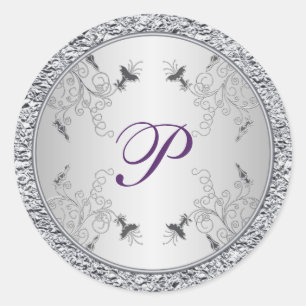 Purple and Silver Foil Floral Monogram Sticker