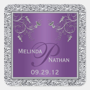 Purple and Silver Foil Floral Monogrammed Sticker