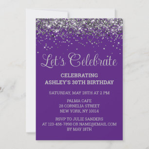 Purple and Silver Glitter 30th Birthday Party Invitation