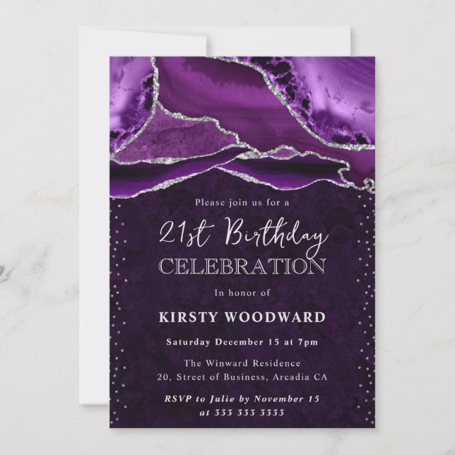 Purple and Silver Glitter Agate 21st Birthday Invitation (Front)