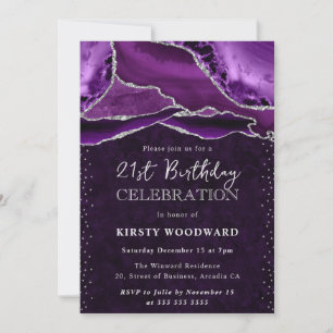 Purple and Silver Glitter Agate 21st Birthday Invitation