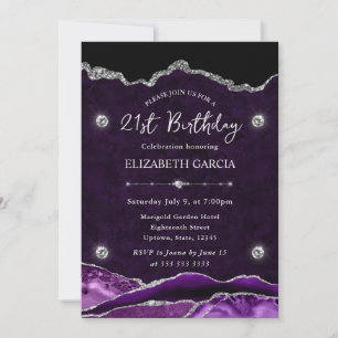 Purple and Silver Glitter Agate 21st Birthday Invitation