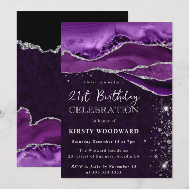 Purple and Silver Glitter Agate 21st Birthday Invitation (Front/Back)