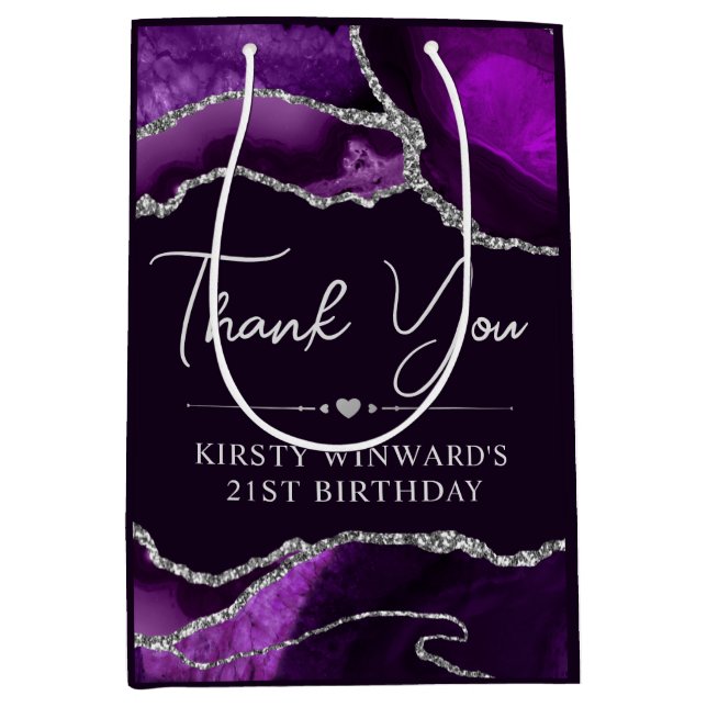 Purple and Silver Glitter Agate Birthday Party Medium Gift Bag (Front)