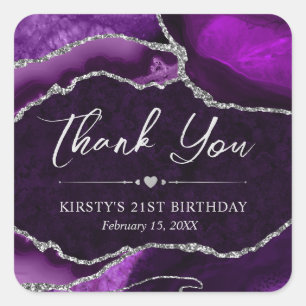Purple and Silver Glitter Agate Birthday Party Square Sticker