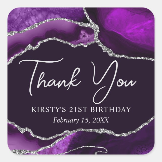 Purple and Silver Glitter Agate Birthday Party Square Sticker (Front)