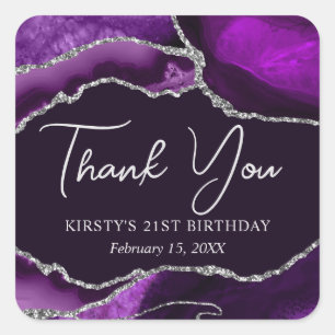 Purple and Silver Glitter Agate Birthday Party Square Sticker