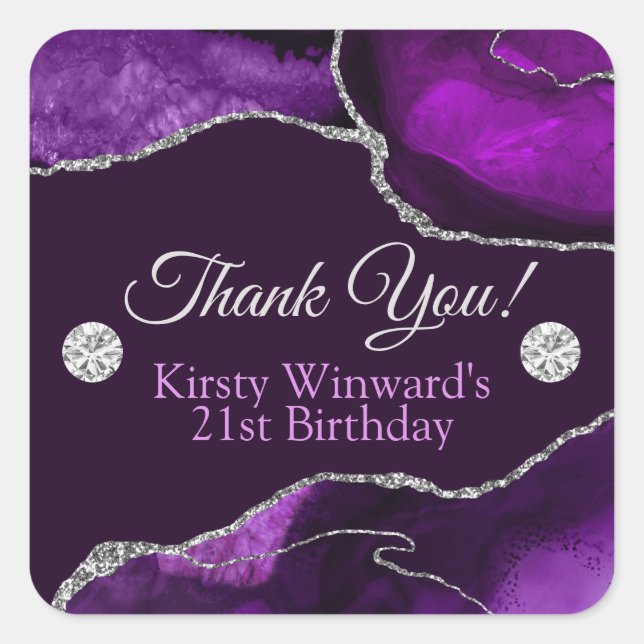 Purple and Silver Glitter Agate Birthday Party Square Sticker (Front)