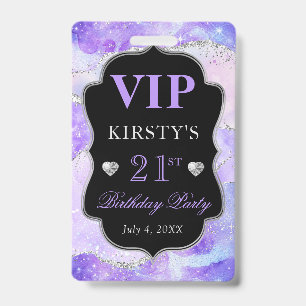 Purple and Silver Glitter Agate Birthday VIP ID Badge