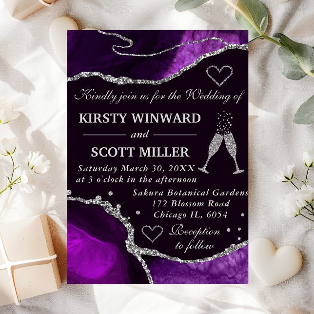 Purple and Silver Glitter Agate Marble Wedding Invitation (Creator Uploaded)