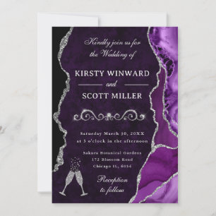 Purple and Silver Glitter Agate & Marble Wedding Invitation