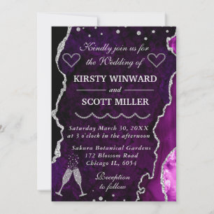 Purple and Silver Glitter Agate Marble Wedding Invitation