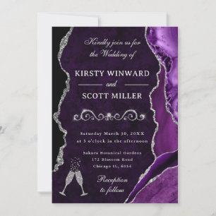 Purple and Silver Glitter Agate & Marble Wedding Invitation