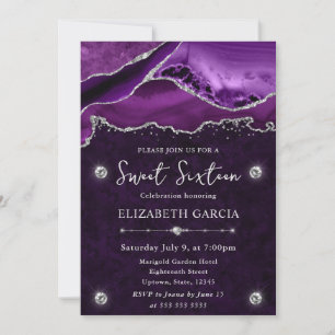 Purple and Silver Glitter Agate Sweet 16 Invitation