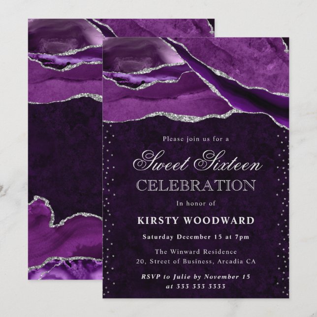 Purple and Silver Glitter Agate Sweet 16 Invitation (Front/Back)