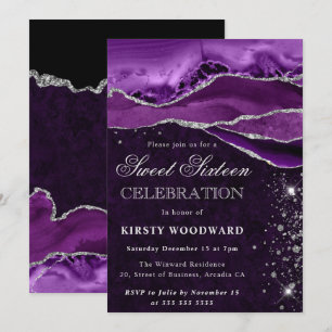 Purple and Silver Glitter Agate Sweet 16 Invitation