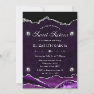 Purple and Silver Glitter Agate Sweet 16 Invitation