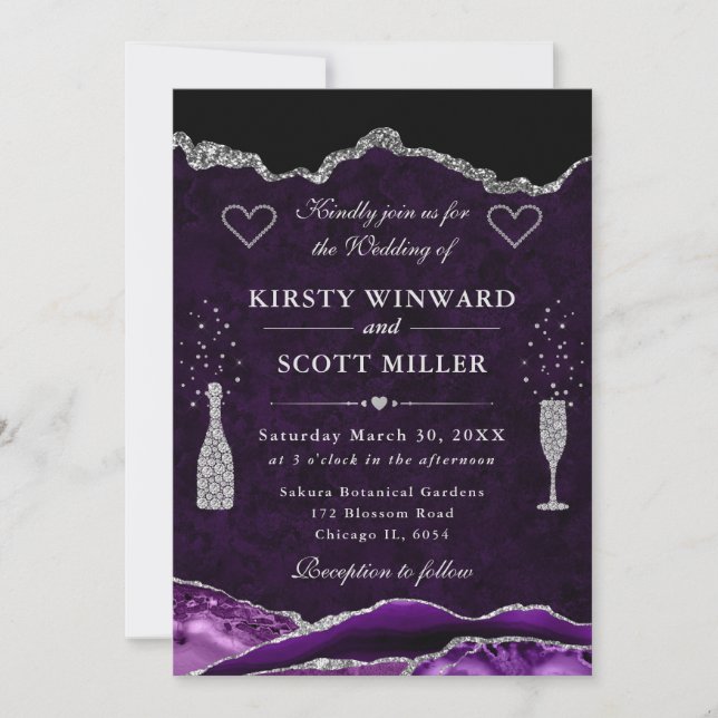 Purple and Silver Glitter Agate Wedding Invitation (Front)