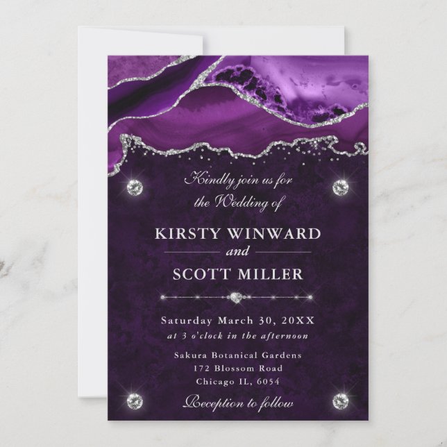 Purple and Silver Glitter Agate Wedding Invitation (Front)