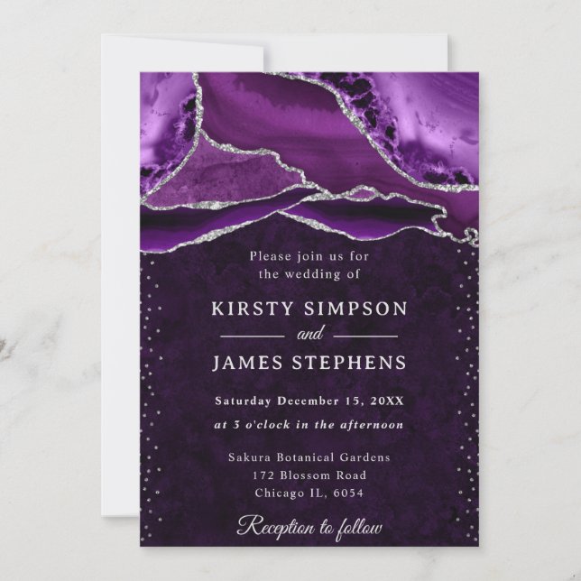 Purple and Silver Glitter Agate Wedding Invitation (Front)