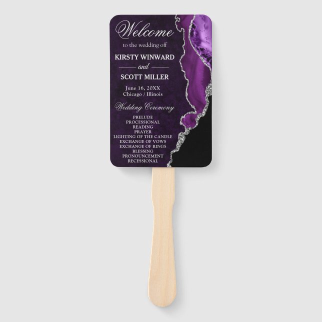 Purple and Silver  Glitter Agate Wedding Program Hand Fan (Front)