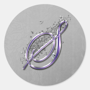 Purple and Silver Glitter Fancy Script Monogram S Classic Round Sticker