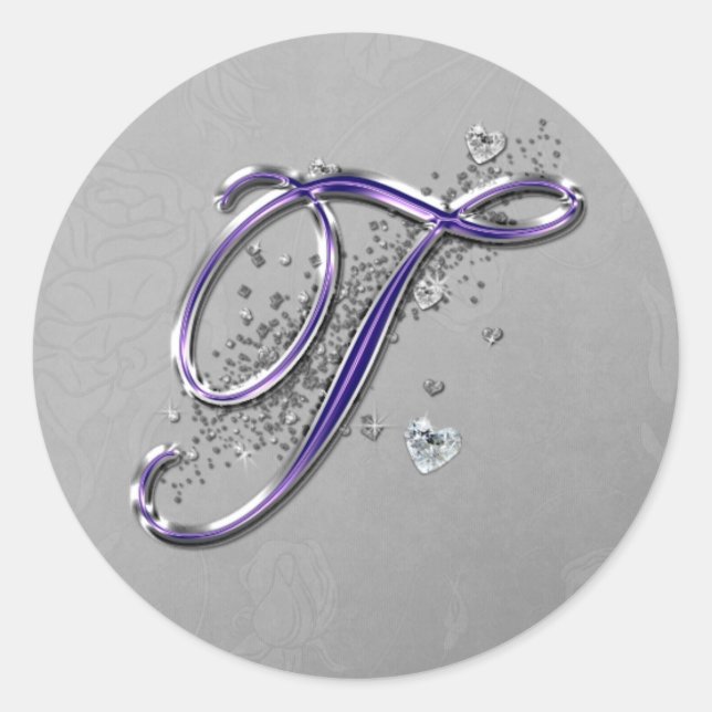 Purple and Silver Glitter Fancy Script Monogram T Classic Round Sticker (Front)