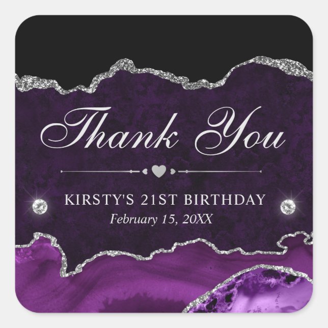 Purple and Silver Glitter Marble Agate Birthday Square Sticker (Front)