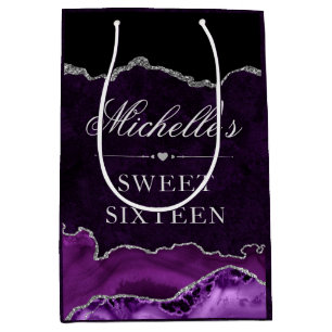 Purple and Silver Glitter Marble Agate Sweet 16 Medium Gift Bag