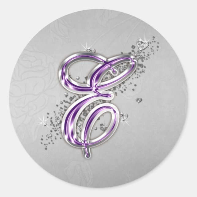 Purple and Silver Glitter Monogram E Sticker (Front)