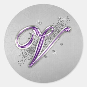 Purple and Silver Glitter Monogram V Sticker