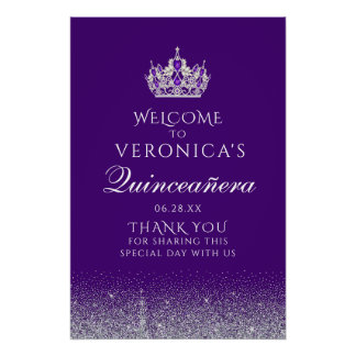 Purple and Silver Glitter Quinceanera Welcome Sign