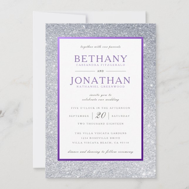 Purple and Silver Glitter Wedding Invitation (Front)