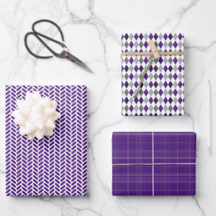Purple and Silver Grey Mixed Patterns Wrapping Paper Sheet