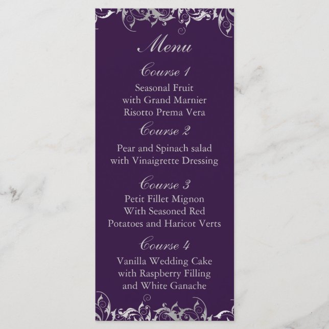 purple and silver grey wedding menu cards (Front)