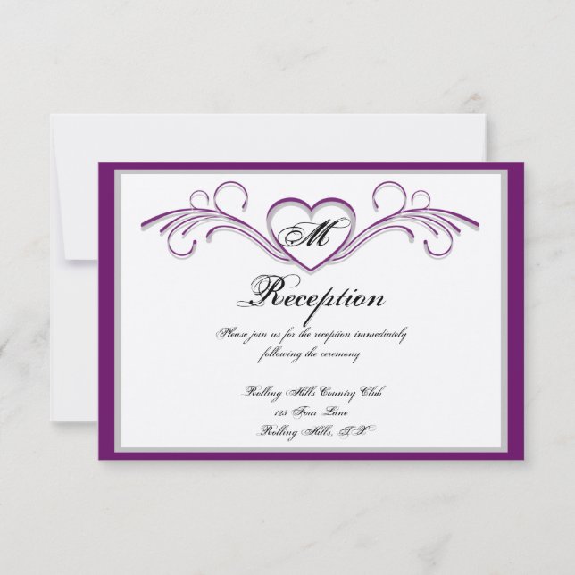 Purple and Silver Heart Scroll Monogram Reception Invitation (Front)