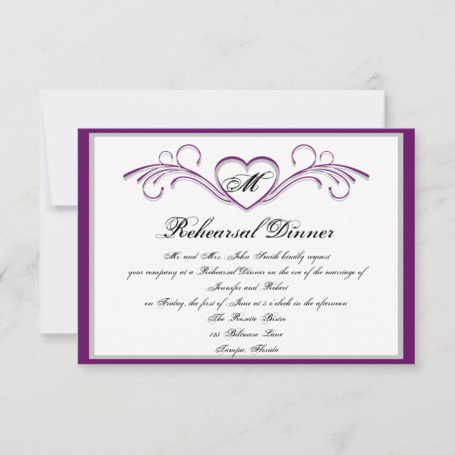 Purple and Silver Heart Scroll Monogram Rehearsal Invitation (Front)