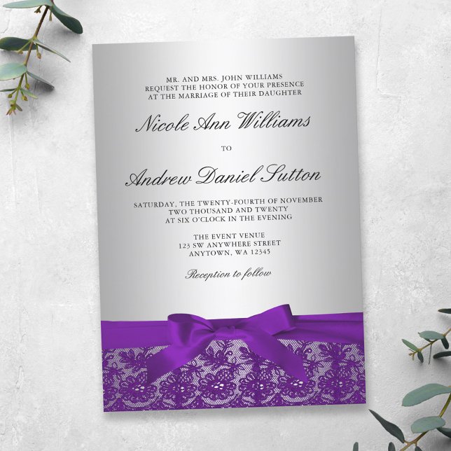 Purple and Silver Lace Wedding Invitation (Creator Uploaded)
