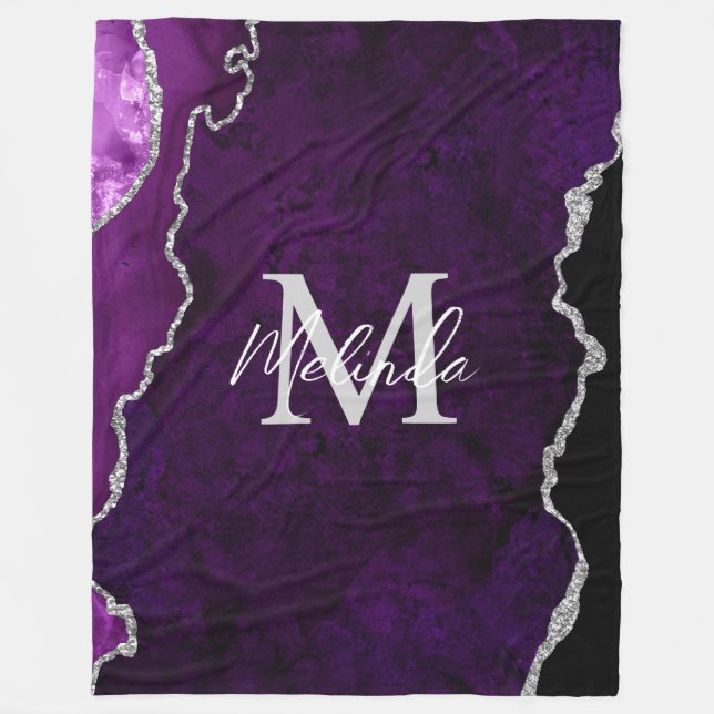 Purple and Silver Marble Agate Fleece Blanket (Front)