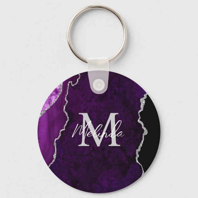 Purple and Silver Marble Agate Key Ring (Front)