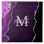 Purple and Silver Marble Agate Tile<br><div class="desc">This tile features an elegant and glamourous agate marble background with geode gemstone detailing and faux silver glitter accents. The monogram combines handwritten script and modern sans serif fonts for a classy and sophisticated look. This will make the ideal gift as it can be customised with a name and initial....</div>